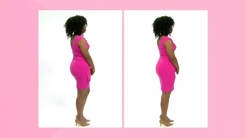 woman in pink dress showing figure with and without spanx