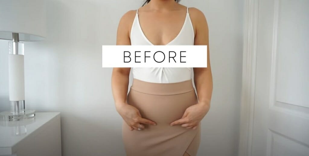 woman frontview before wearing spanx underneath