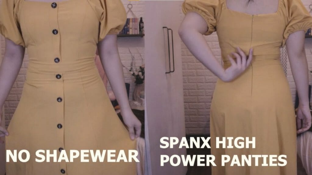 comparison yellow dress without and with spanx shapewear
