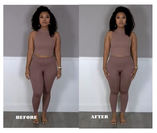 Thessely Juliet before and after spanx in brown legging