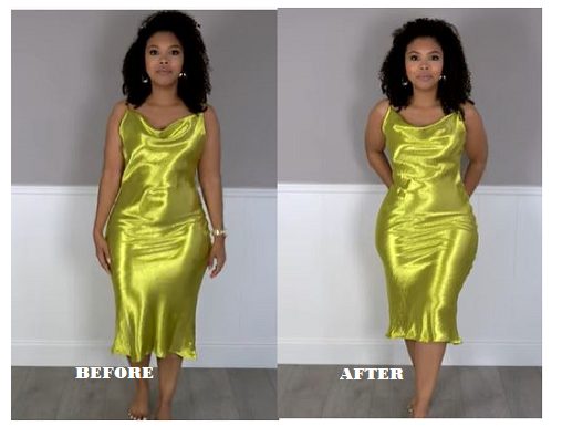 Thessely Juliet before and after spanx in green silk dress
