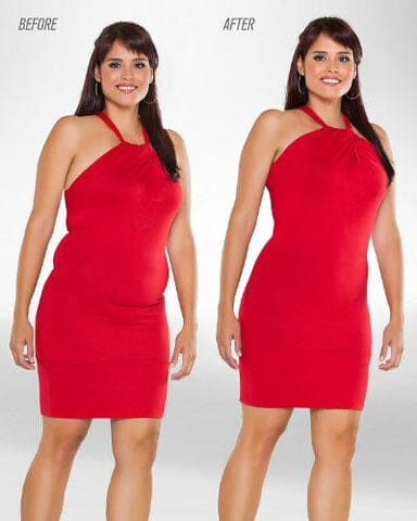 woman in red dress before and after slimming pics