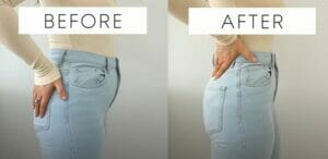 a before and after image of a woman wearing shapewear under jeans