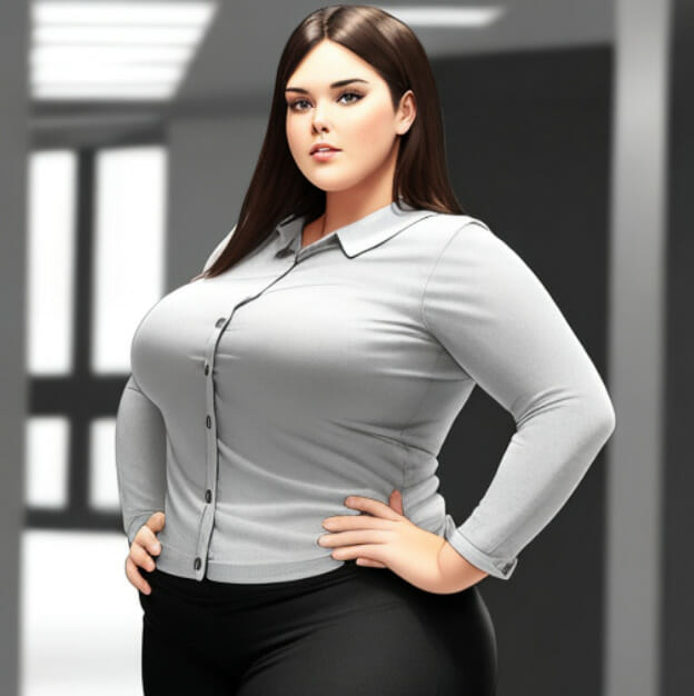 a cartoon like image of a plus size woman wearing grey long sleeve and black pants