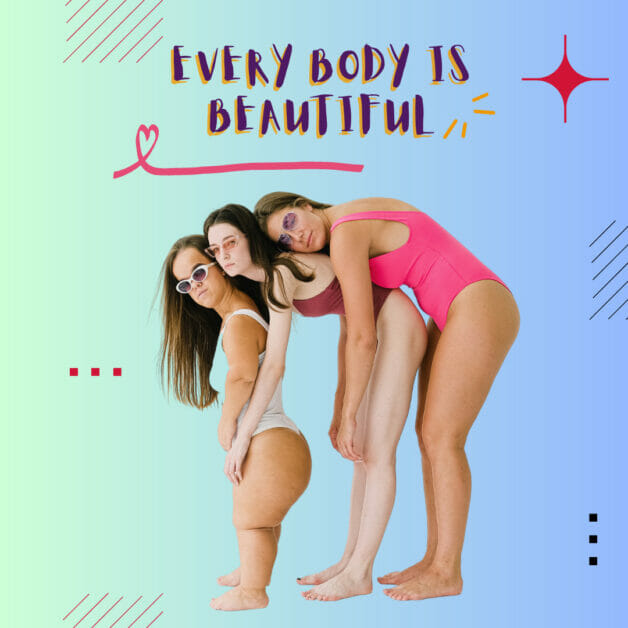 three women; one with dwarfism embracing their unique body in a one-piece swimwear
