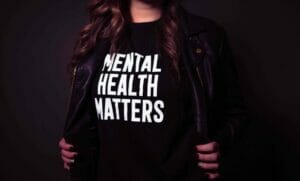woman wearing a mental health matters tshirt